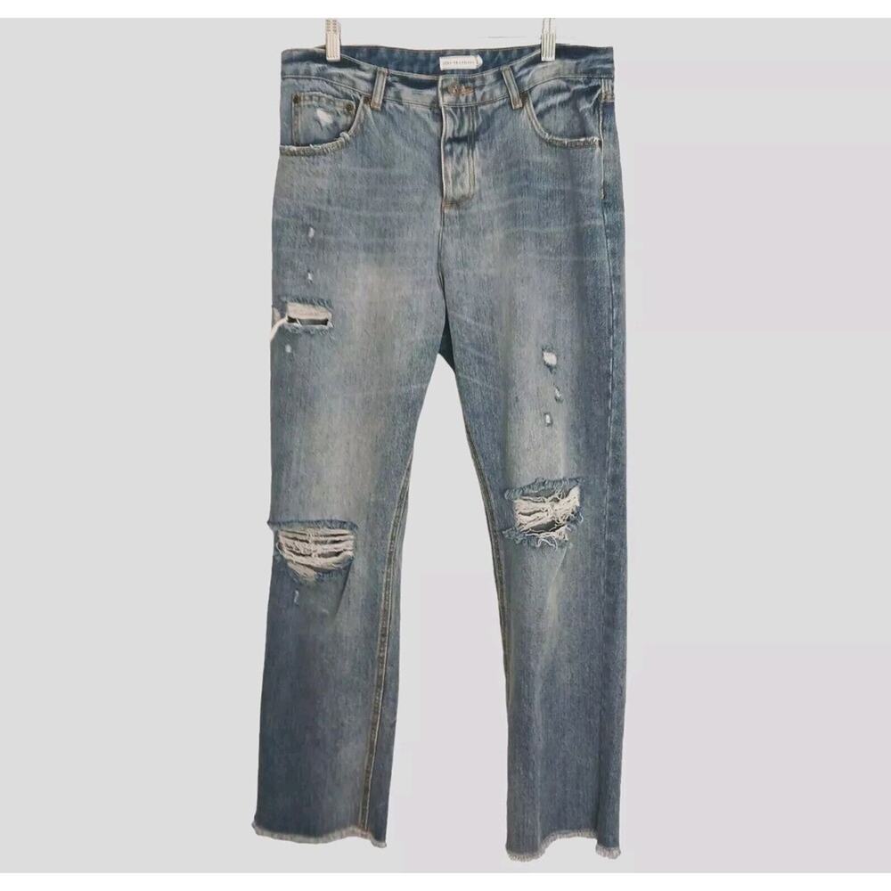 Anthropologie Avec Les Filles Jeans 30 Blue Holes Distress Straight Fringe Boho